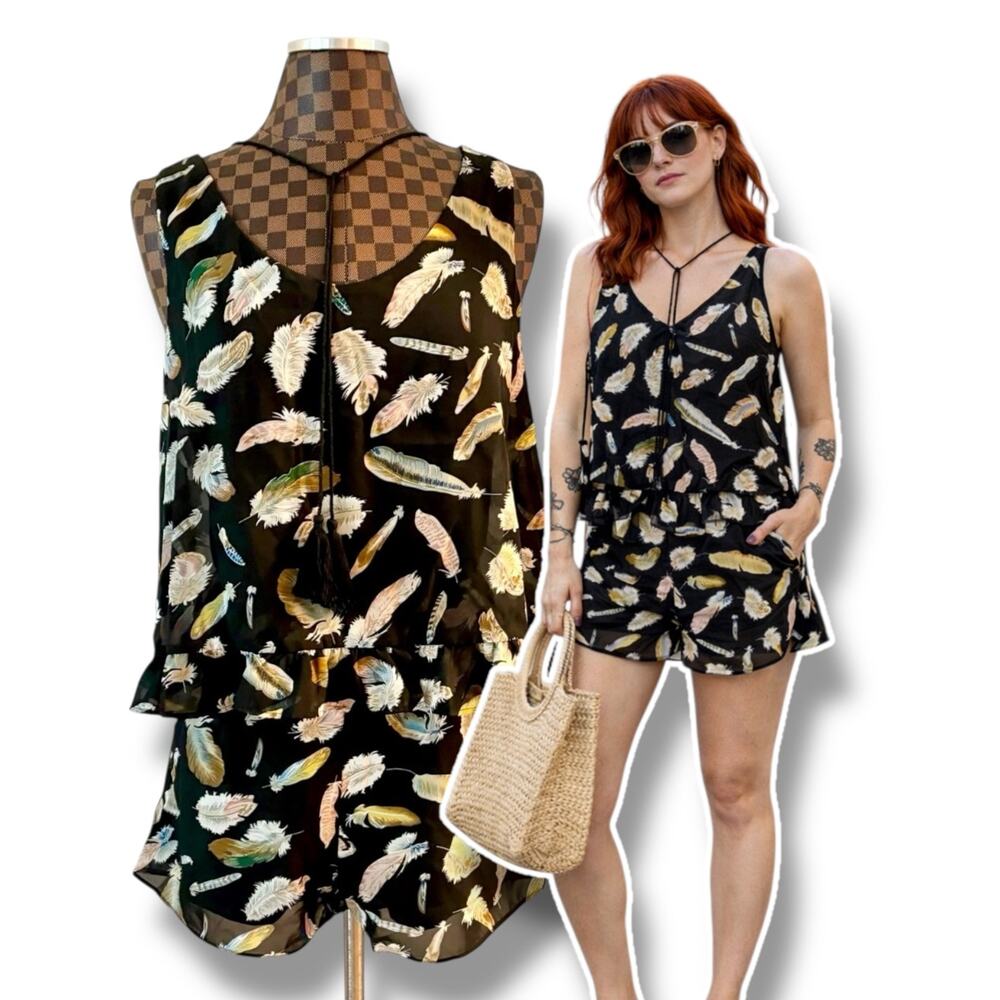 Judith March Romper Large Black Feather Print Jumper 1-Piece Peplum Ruffle Boho